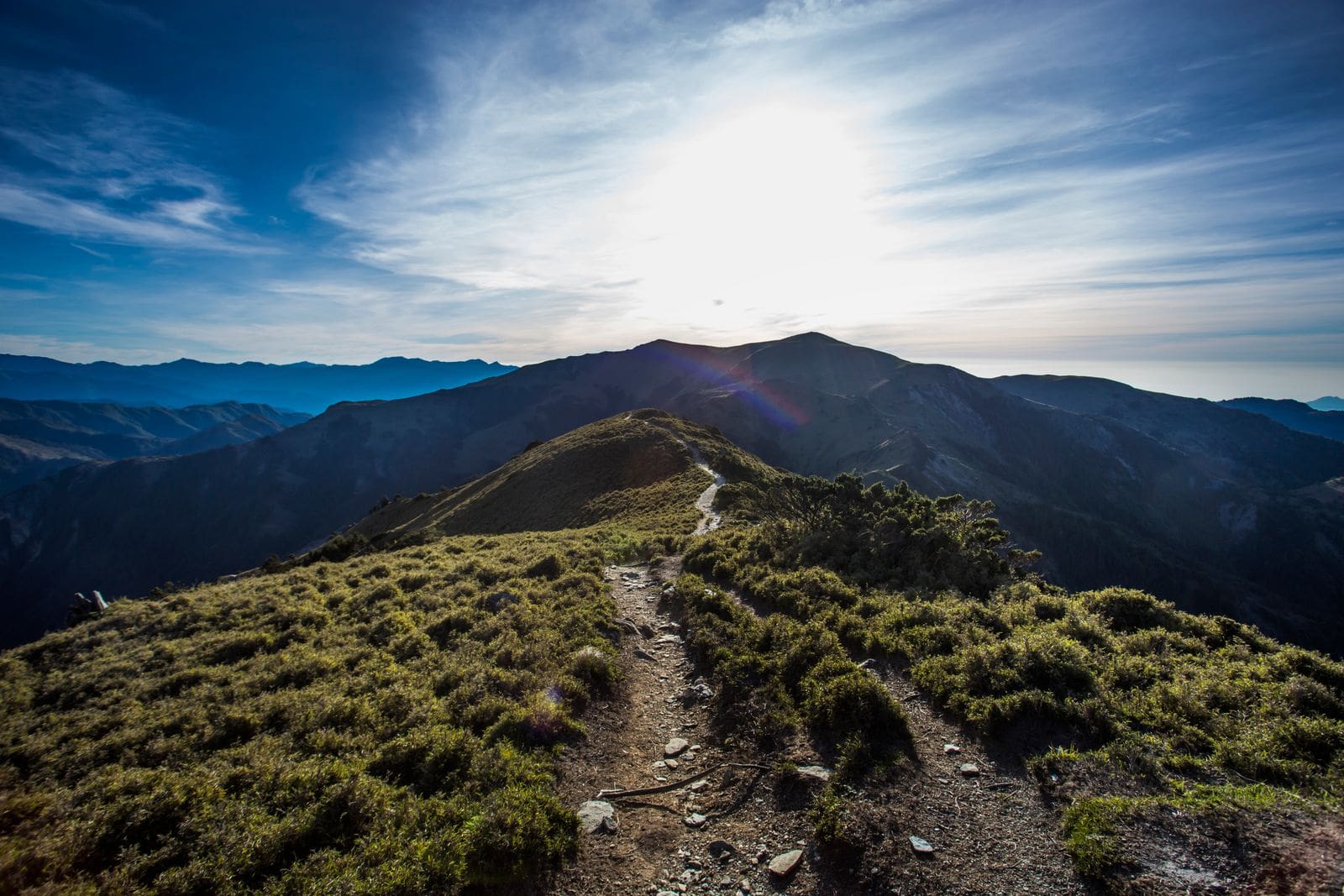 A narrow mountain trail climbs a grassy ridge toward a sunrise summit, evoking the path of costly discipleship that Bonhoeffer described in The Cost of Discipleship.