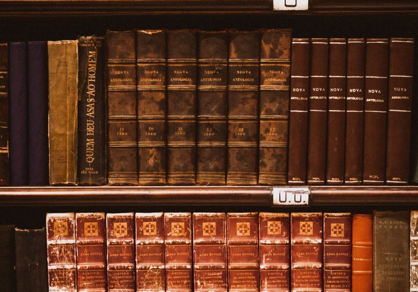 Rows of antique leather-bound books on wooden library shelves, evoking the Oxford rooms where C.S. Lewis studied and read.