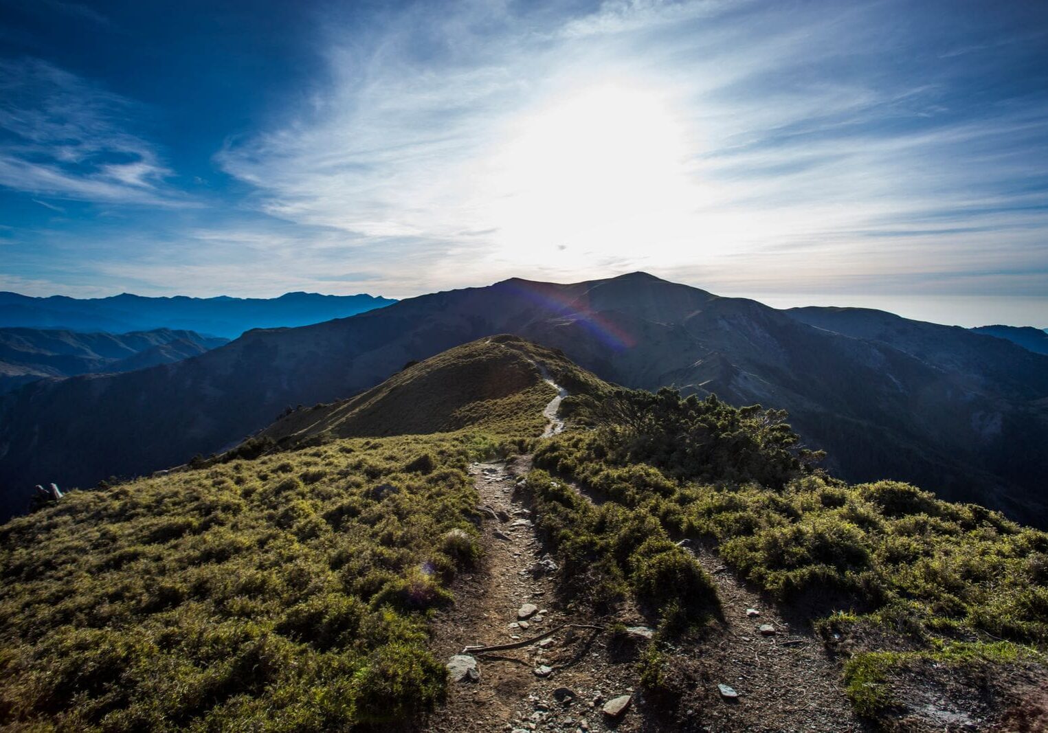 A narrow mountain trail climbs a grassy ridge toward a sunrise summit, evoking the path of costly discipleship that Bonhoeffer described in The Cost of Discipleship.